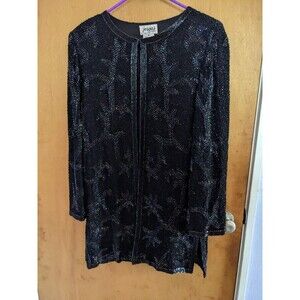 JasJas Vintage Silk Black Beaded Open Front Shoulder Pads Blouse Cardigan Size 8